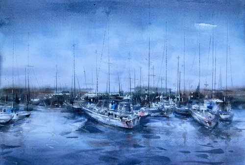 Boats at sunset. One of a kind, original painting, handmad work, gift, watercolour art. by Galina Poloz
