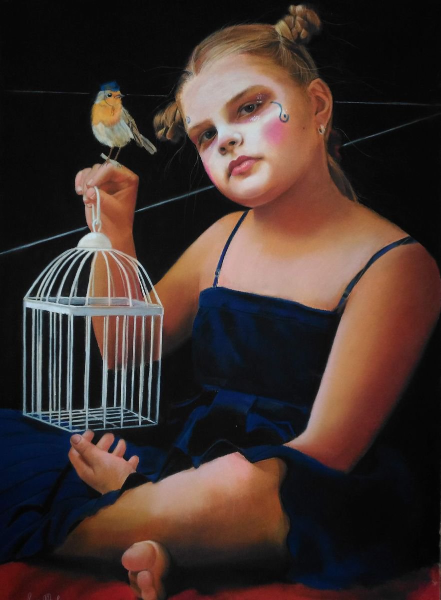 Surrealistic Portrait Pastel Drawing By Laura Muolo, 20 X 28", Path Traced, Original Artwork