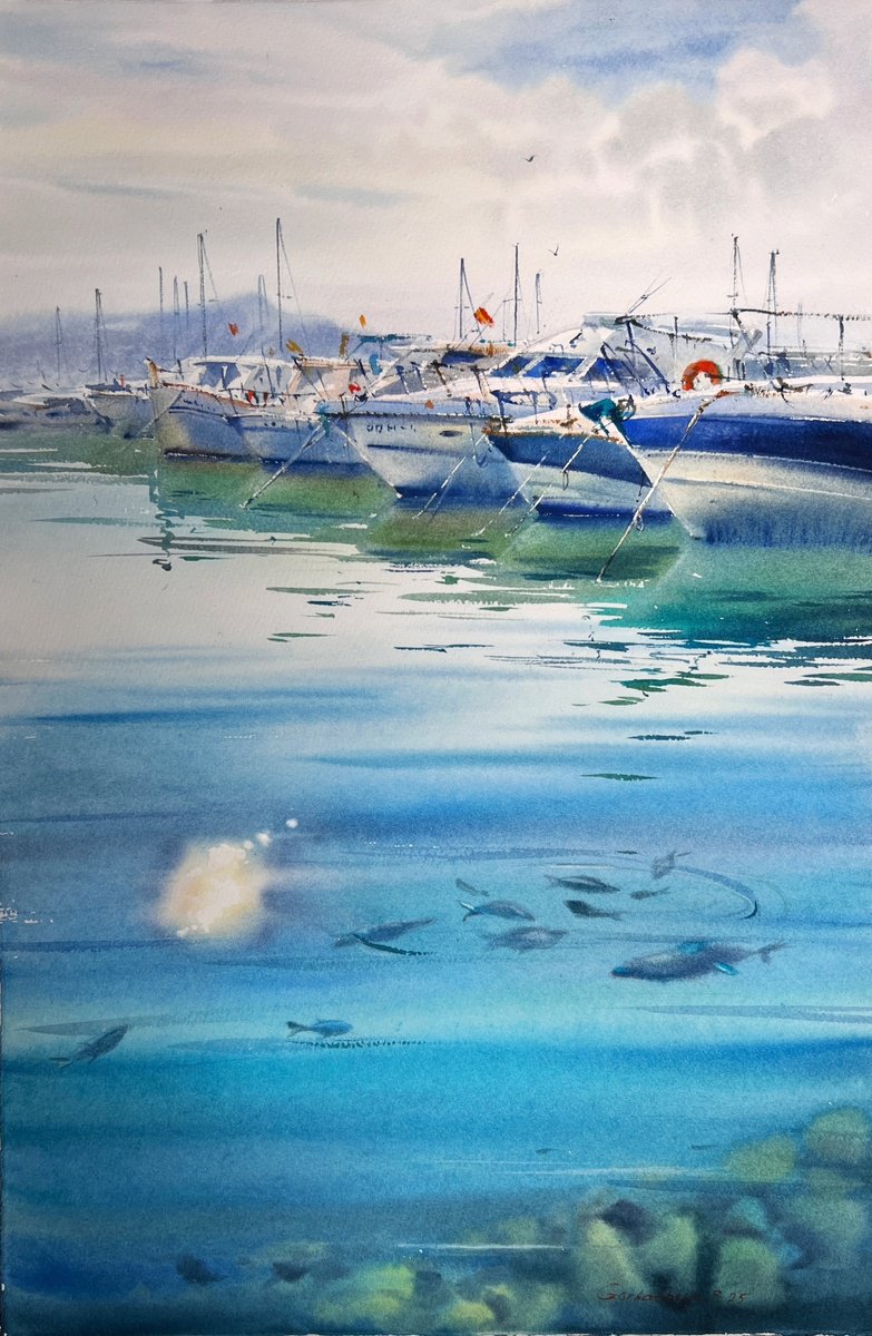 Impressionistic Watercolour , Azure Spanish Silence By Eugenia Gorbacheva, 15 X 22, Artwork For Sale On Artfinder