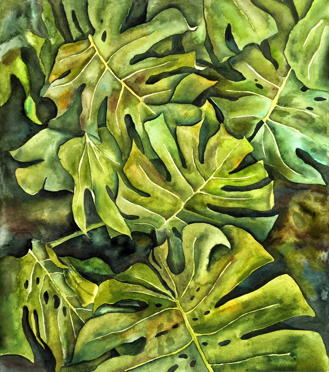 Impressionistic Botanical Watercolour By Delnara El, 17 X 20, Monstera Leaves, Original Artwork