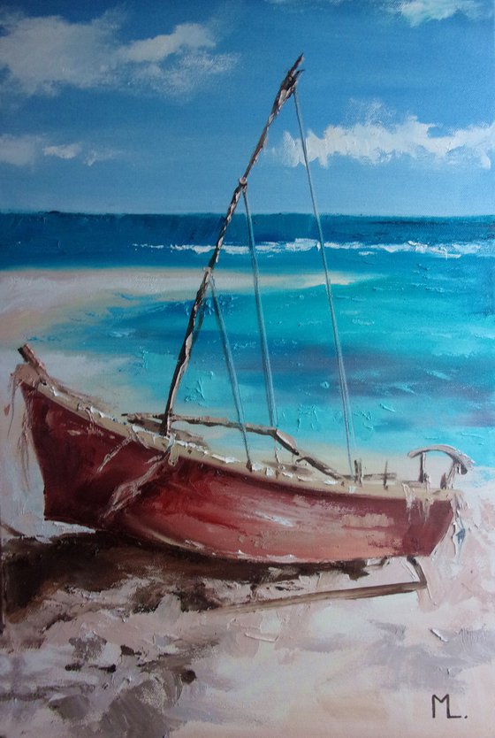 " ON THE BEACH " SHIP BOAT SAIL original painting palette knife GIFT MODERN URBAN ART OFFICE ART DECOR HOME DECOR GIFT IDEA