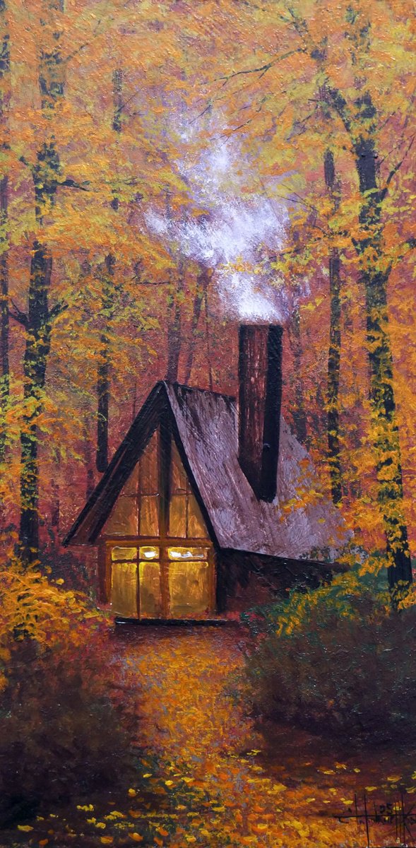 Photorealistic Landscape Acrylic Painting By Eugene Gorbachenko, 11 X 22, Cozy Forest Hut, Original Artwork