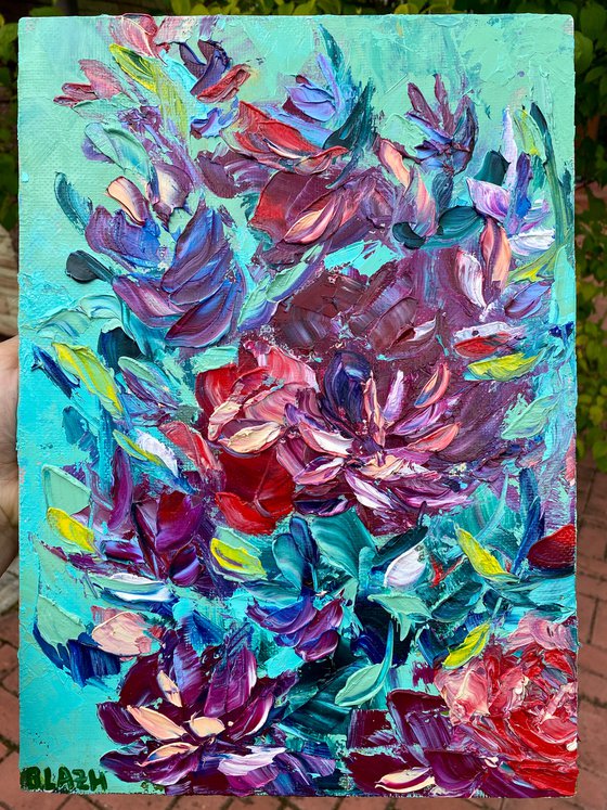 Petals - splashes of color, 25*35cm, impressionistic flowers oil painting with texture (a bit impasto)