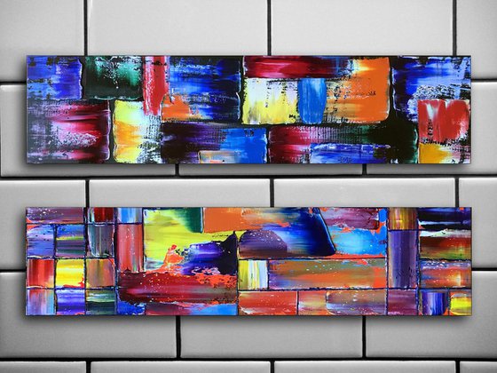 "Messy Geometry Series" - Save As A Series - Original PMS Abstract Diptych Oil Paintings On Wood - 32" x 16"