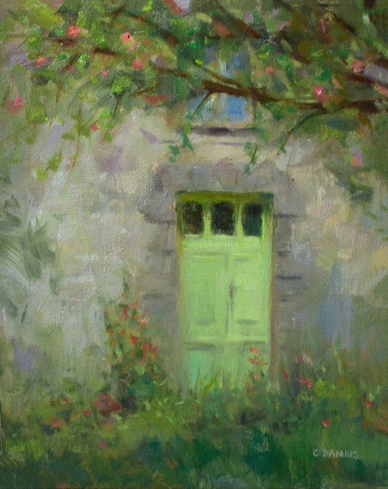 Old Green Door with Apple Blossom