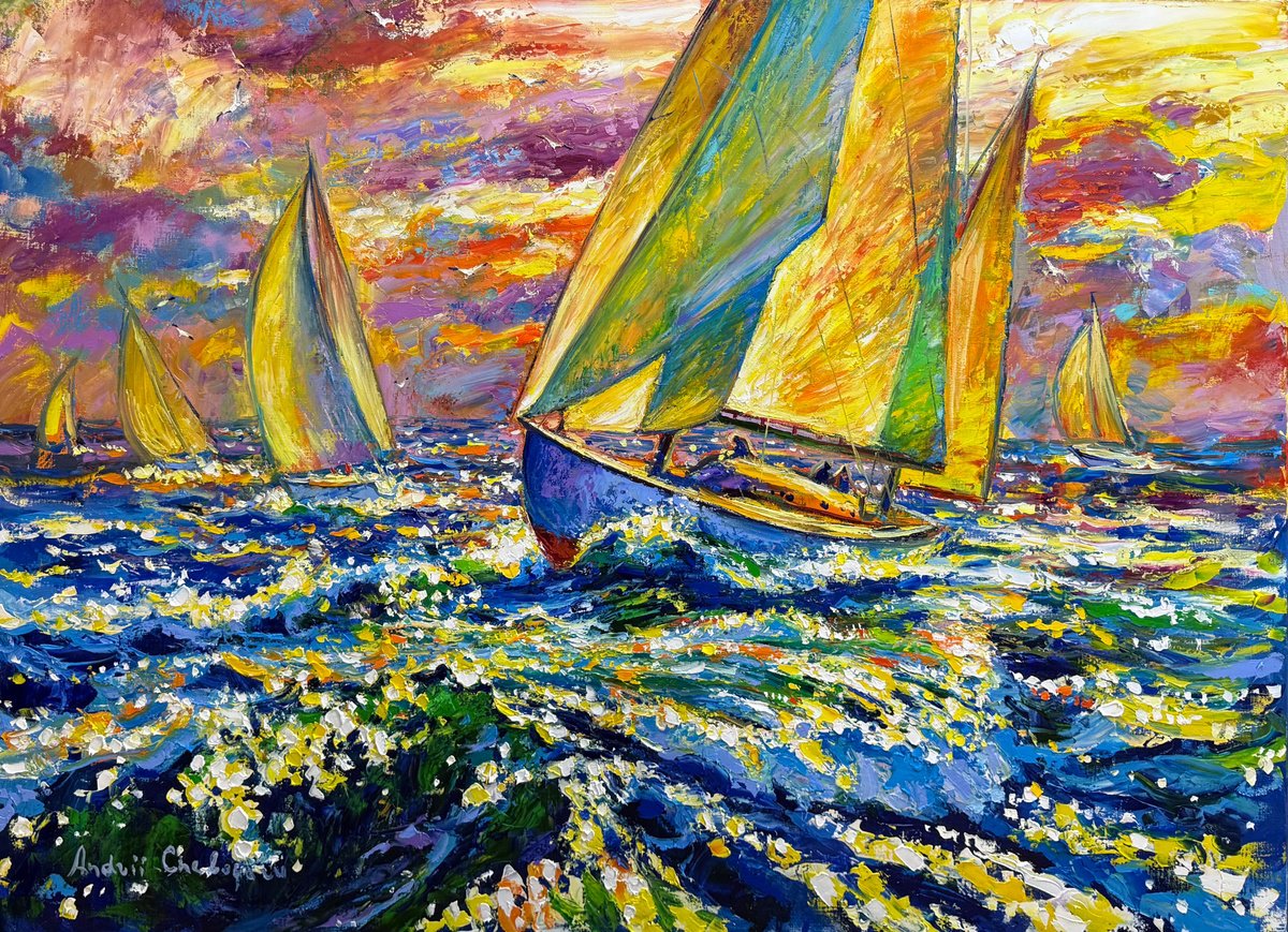 Impressionistic Landscape Oil Painting By Andrii Chebotaru, 55 X 39, Sails Of Freedom, Original Artwork