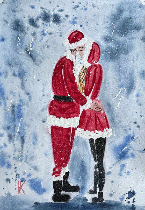 Santa Claus Painting Christmas Original Art Father Christmas Watercolor Love Story Artwork Girl Wall Art 8 by 12" by Halyna Kirichenko