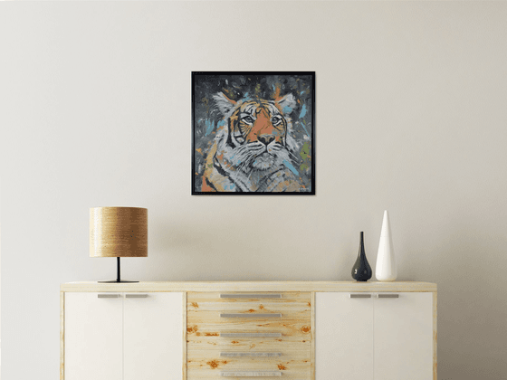 Expressive Tiger Painting, framed oil on board, 23.5" x 23.5"