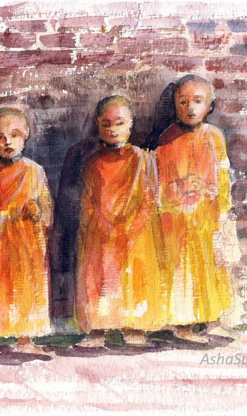 Three young Buddhist monks by Asha Shenoy