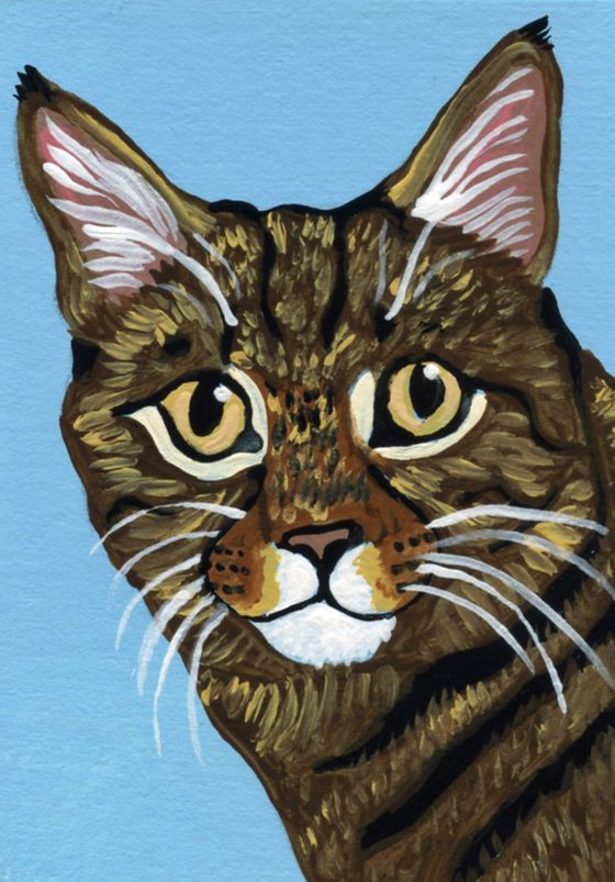 ACEO ATC Original Miniature Painting Brown Tabby Cat Pet Feline Art-Carla Smale