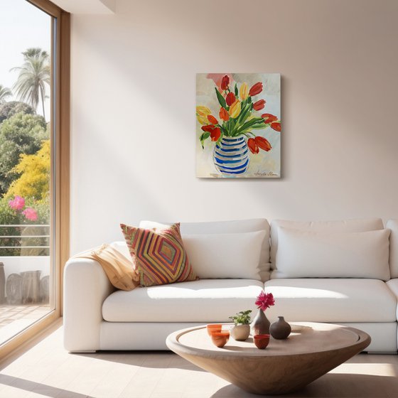 Striped Vase with Tulips