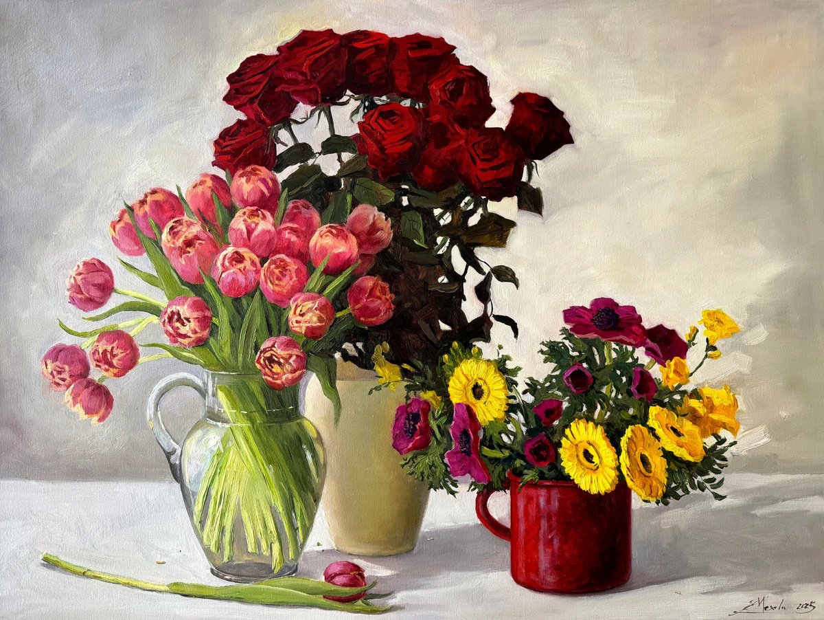 Impressionistic Still Life Oil Painting By Evgeniia Mekhova, 31 X 24, Bright Colorful Flowers, Original Artwork