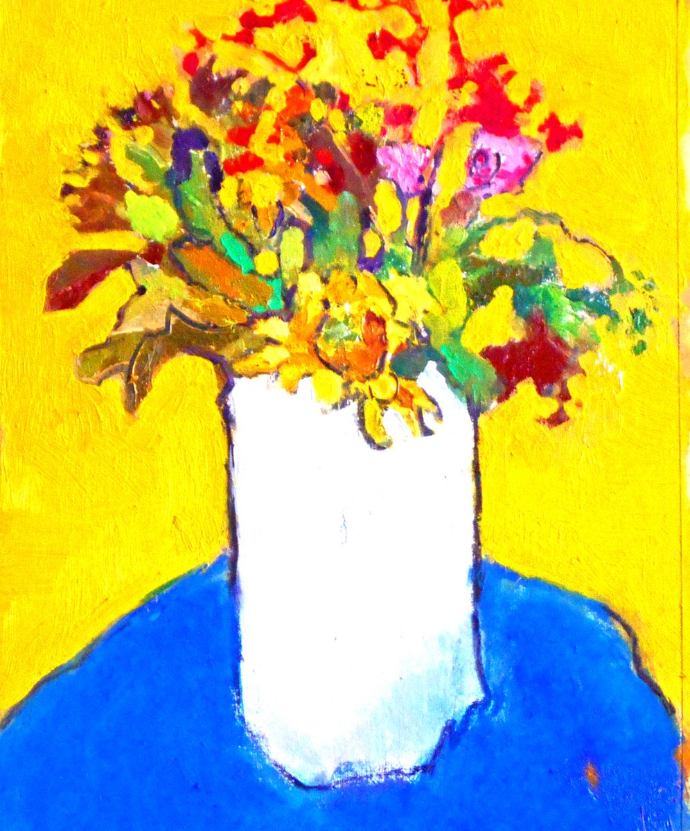 Dried Flowers in White Vase Blue Yellow by Ann Cameron McDonald