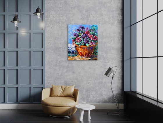 Country Life, 50*60, impressionistic oil still life garden flowers painting with impasto texture