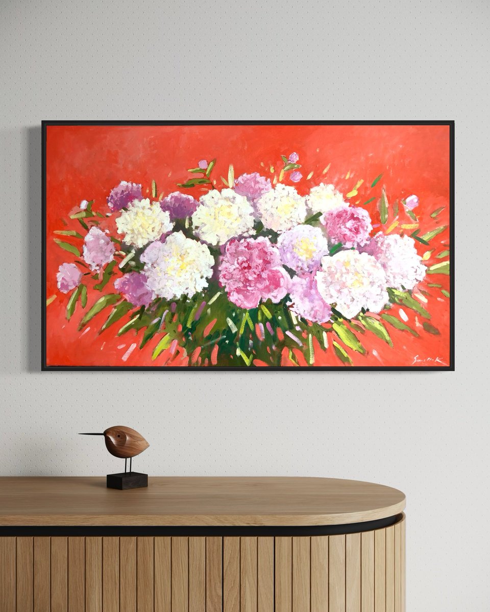 Impressionistic Botanical Oil Painting By Volodymyr Smoliak, 39 X 24", Peonies, Original Artwork