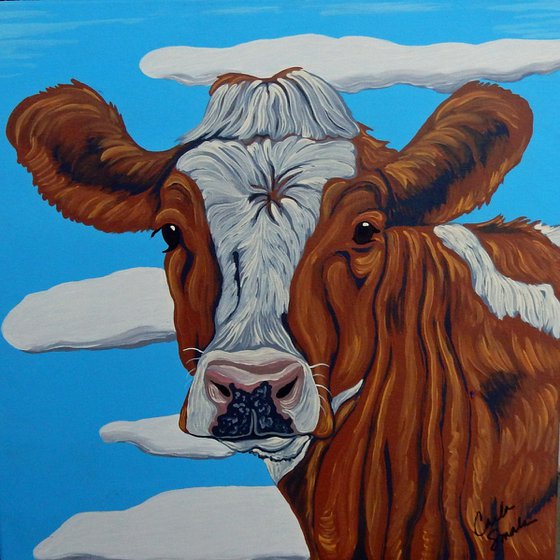 Brown Cow Farmyard Pet Original Art Painting-16 x 16Inches Stretched Canvas-Carla Smale