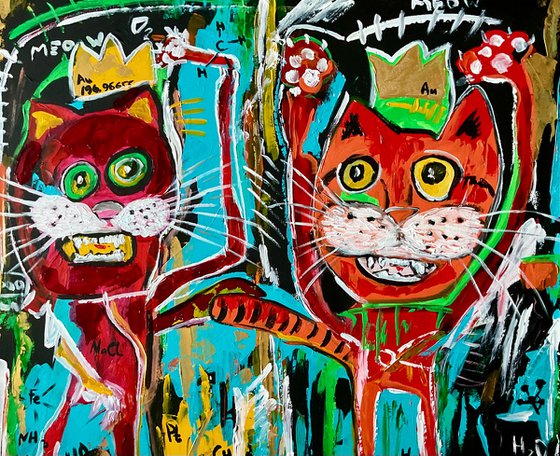 Cats kings alchemists friends in style of famous painting by Jean-Michel Basquiat.