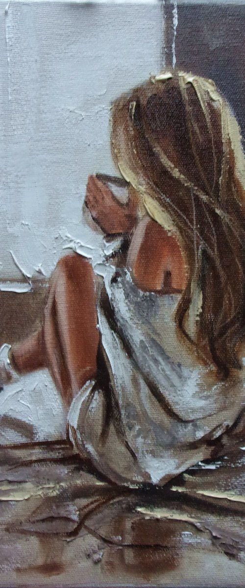 " COFFEE IN BED... " original painting  window  palette knife GIFT by Monika Luniak