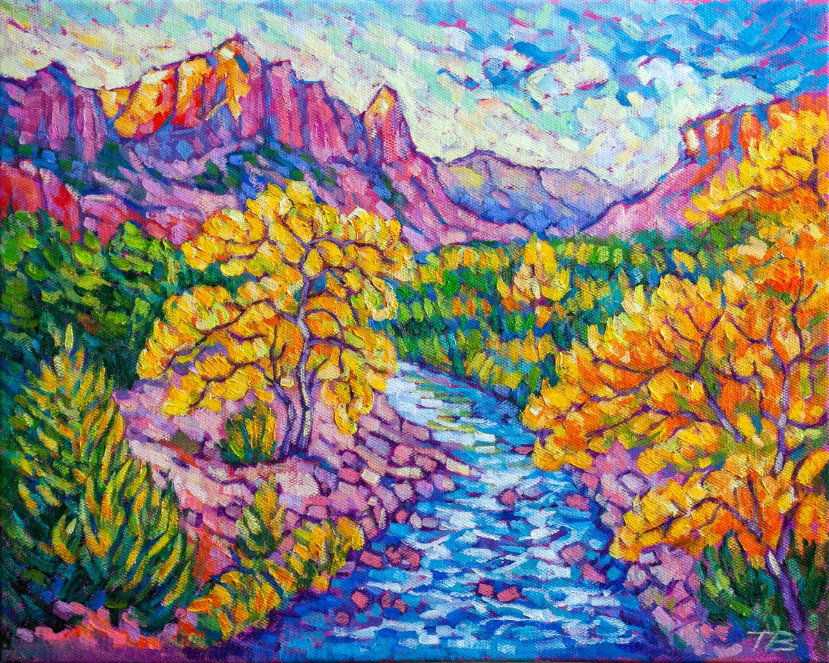 Impressionistic Landscape Oil Painting By Tao Bai, 20 X 16", Canyon Scenery Impressionist Oil Painting, Original Artwork
