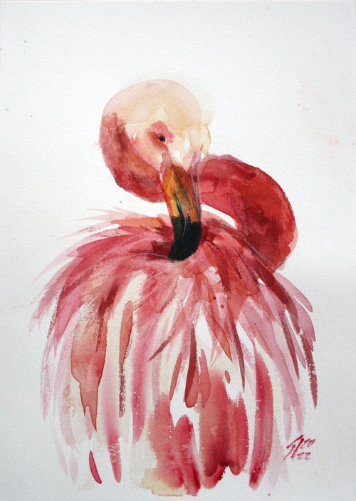 Flamingo I / FROM THE ANIMAL PORTRAITS SERIES / ORIGINAL WATERCOLOR PAINTING by Salana Art Gallery