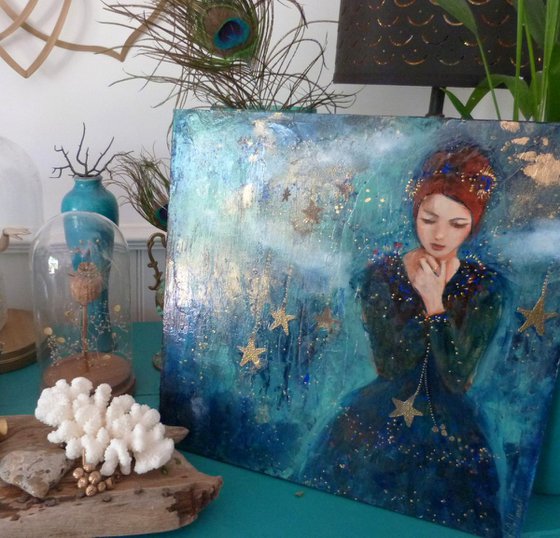 My lucky star. Portrait of a thoughtful woman on a wooden panel 30 x 30 cm.