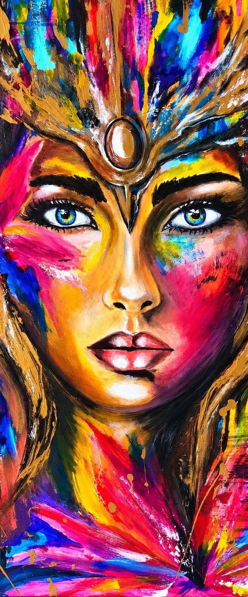 Valkyrie in Bloom – Female Acrylic Portrait by Helga Wild