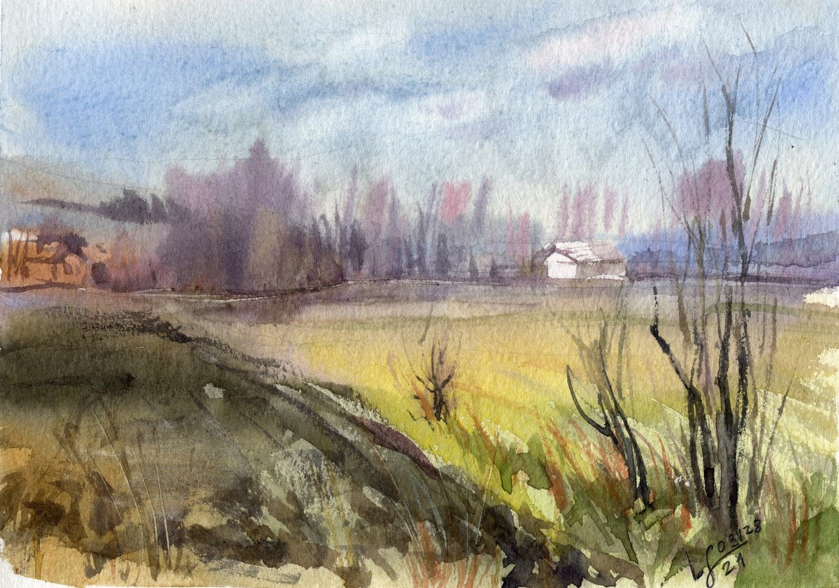 Impressionistic Landscape Watercolour By Svitlana Lagutina, 9 X 6", Spring Field, Original Artwork