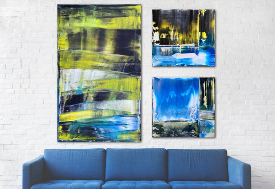 "Locals Only" - Save As A Series - Original PMS Abstract Acrylic Painting Triptych On Gallery Wrap Canvas and Recycled Wooden Desk Panels - 63" x 60"