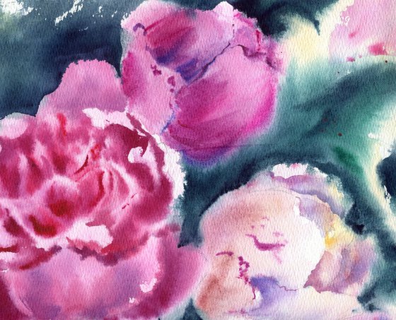 Blooming pink peonies. Original artwork.