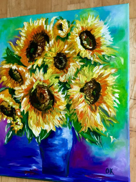 BOUQUET OF SUNFLOWERS inspired by VINCENT VAN GOGH . palette knife modern  oil still life painting on blue purple pink yellow Dutch style office home decor gift