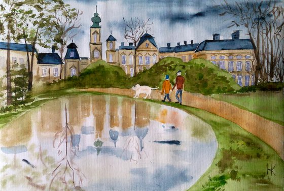 palace park couple dog original impressionistic watercolor painting " Walk in the old park "