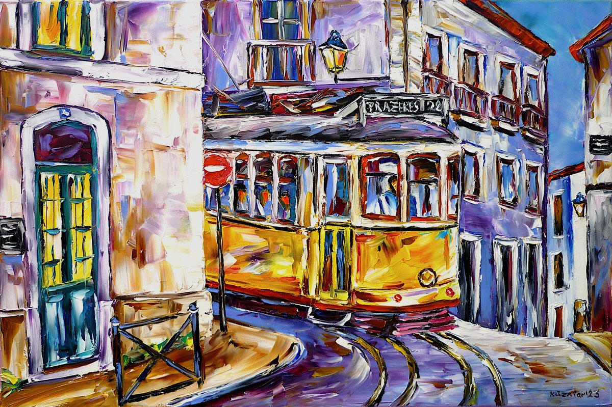 Expressive Cityscapes Oil Painting By Mirek Kuzniar, 24 X 16", In The Alleys Of Lisbon, Original Artwork