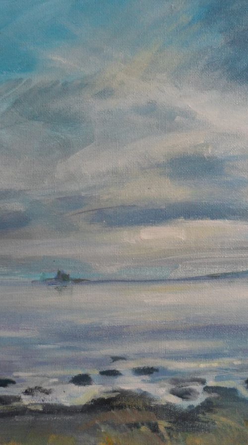 Holy Island from Goswick Sands, tide coming in by Jean  Luce