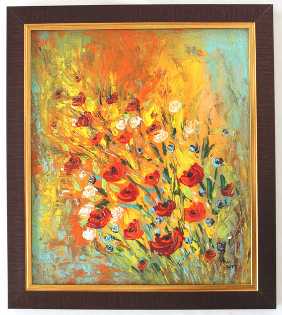 Peace, Happiness and colours - poppies flower bouquet, landscape Impressionistic Abstract Acrylic painting - framed