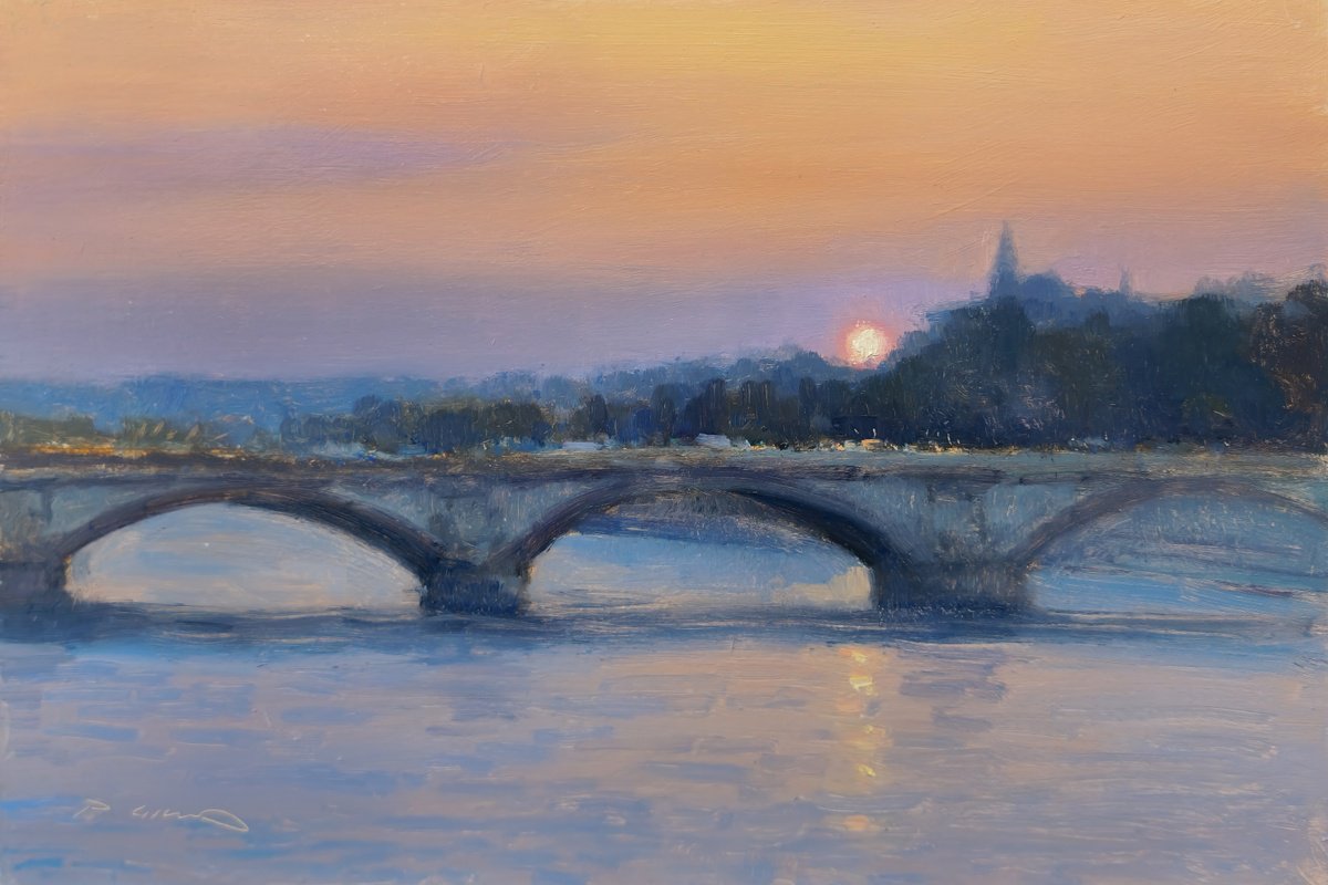 Impressionistic Landscape Oil Painting By Pascal Giroud, 12 X 8", Sunset Over The Durance River, Original Artwork