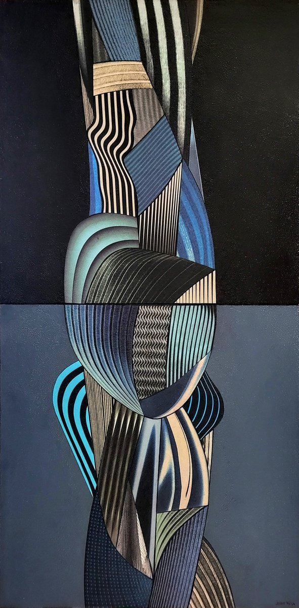 Abstract Acrylic Painting By Juan Pita, 19 X 37", Cybergraph En Di?ptico (M1), Original Artwork