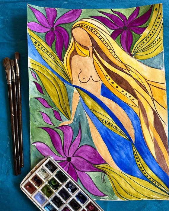 Flower Head Faceless Woman Original Painting