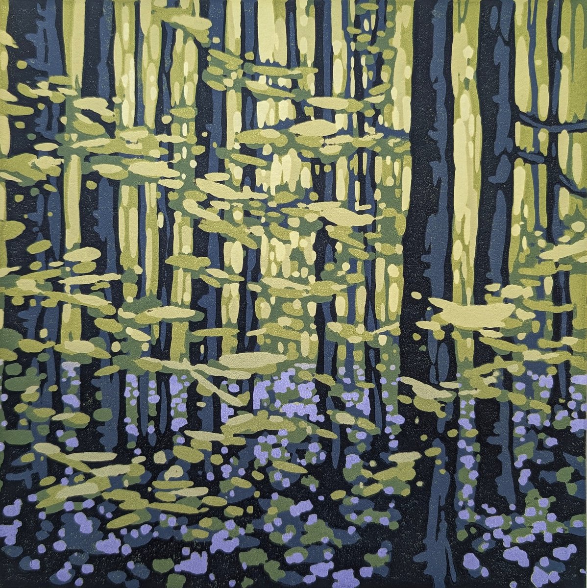 Impressionistic Landscape Linocut By Alexandra Buckle, 12 X 12, Bluebell Radiance, Original Artwork
