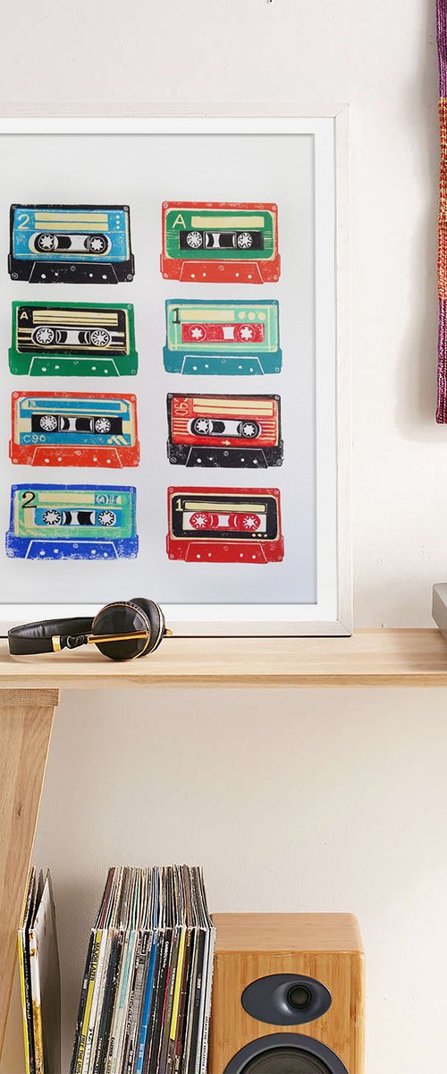 Linocut tapes #28 (cassette tapes, retro music, 70's, 80's rock culture) by Carolynne Coulson