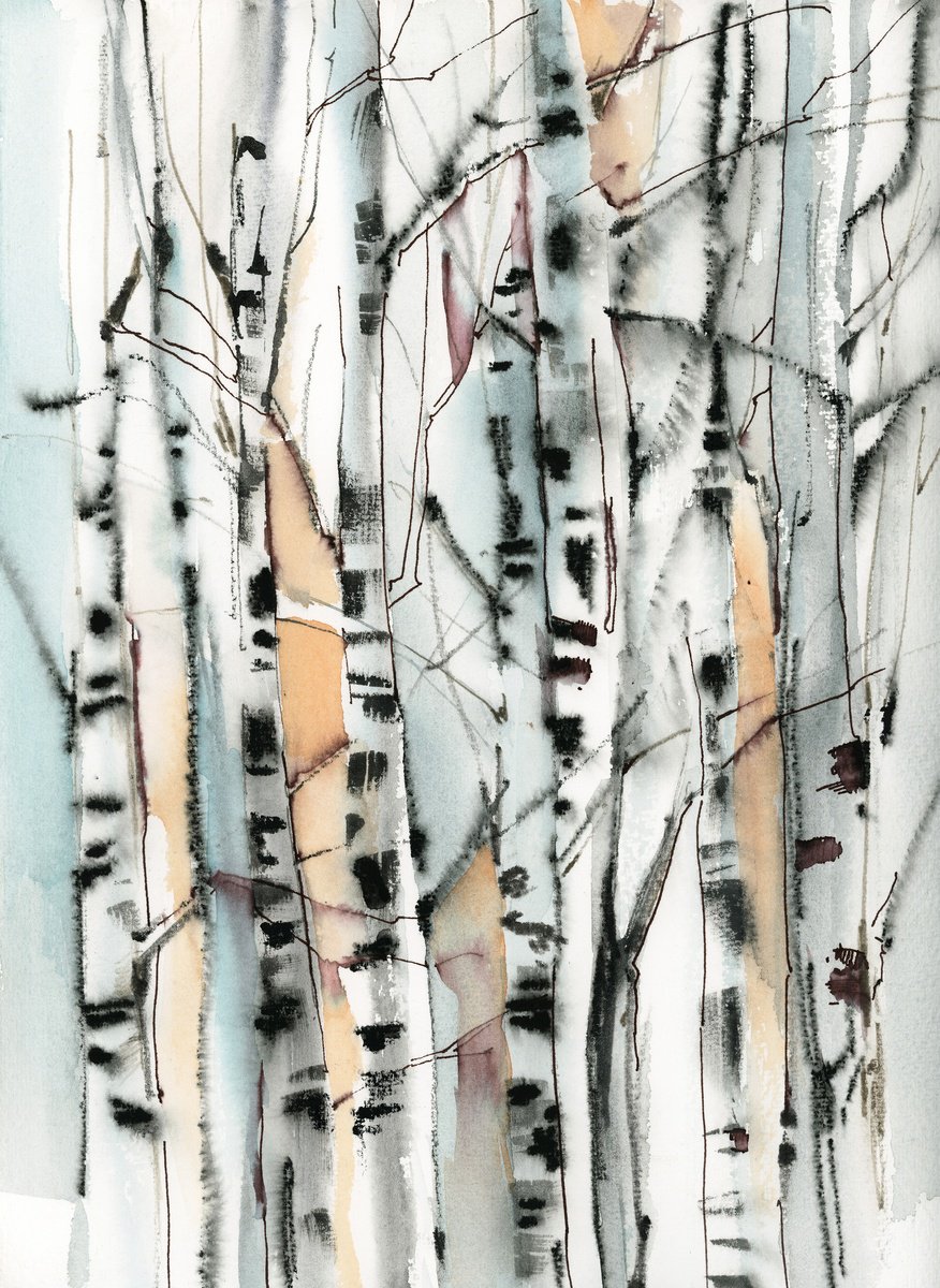 Impressionistic Landscape Watercolour By Sophie Rodionov, 9 X 12", Aspen Trees, Original Artwork