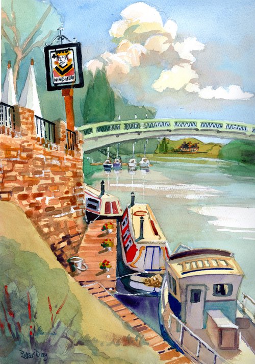 Upton upon Seven, River, Narrow Boats, Kings Head Pub. by Peter Day