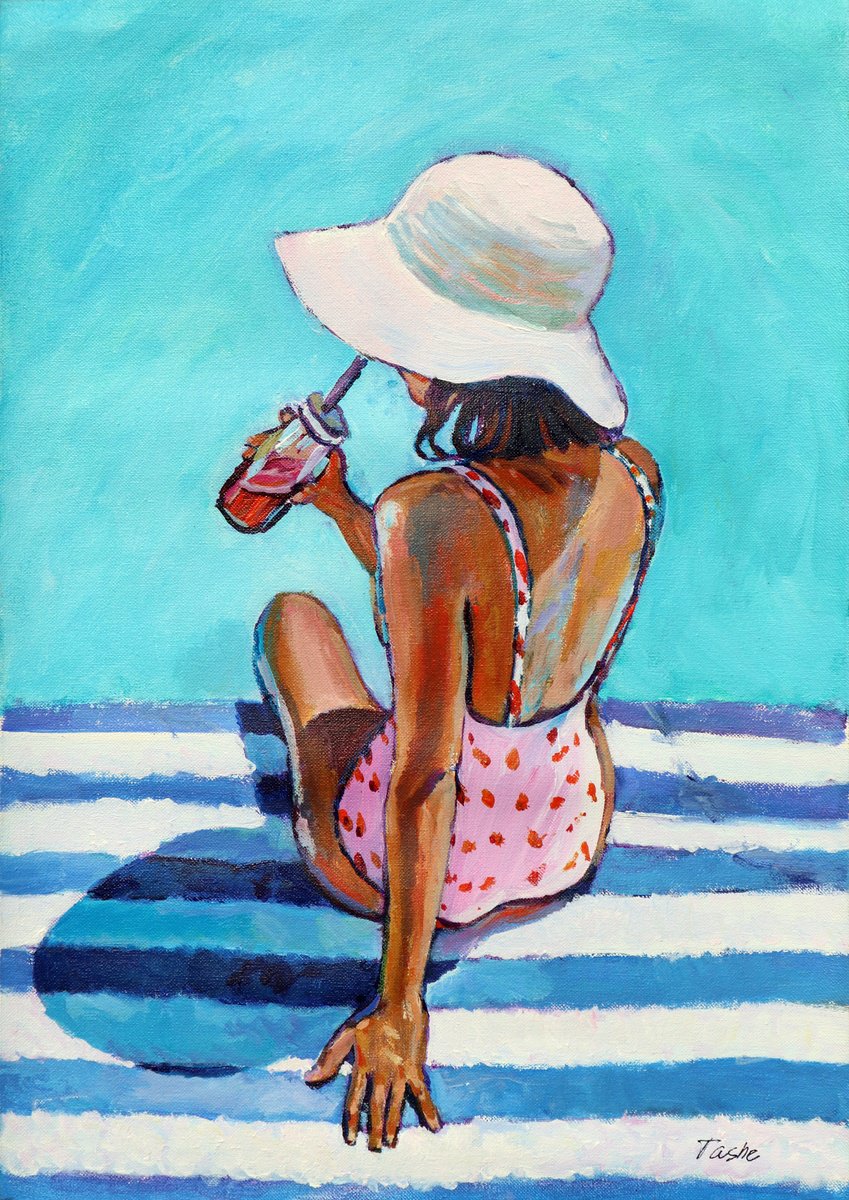 Impressionistic Portrait Acrylic Painting By Tashe, 16 X 22", "Ocean Drive", Original Artwork