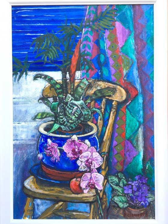 ORCHIDS, AFRICAN VIOLETS WITH HARLEQUIN CURTAINS STILL LIFE LARGE