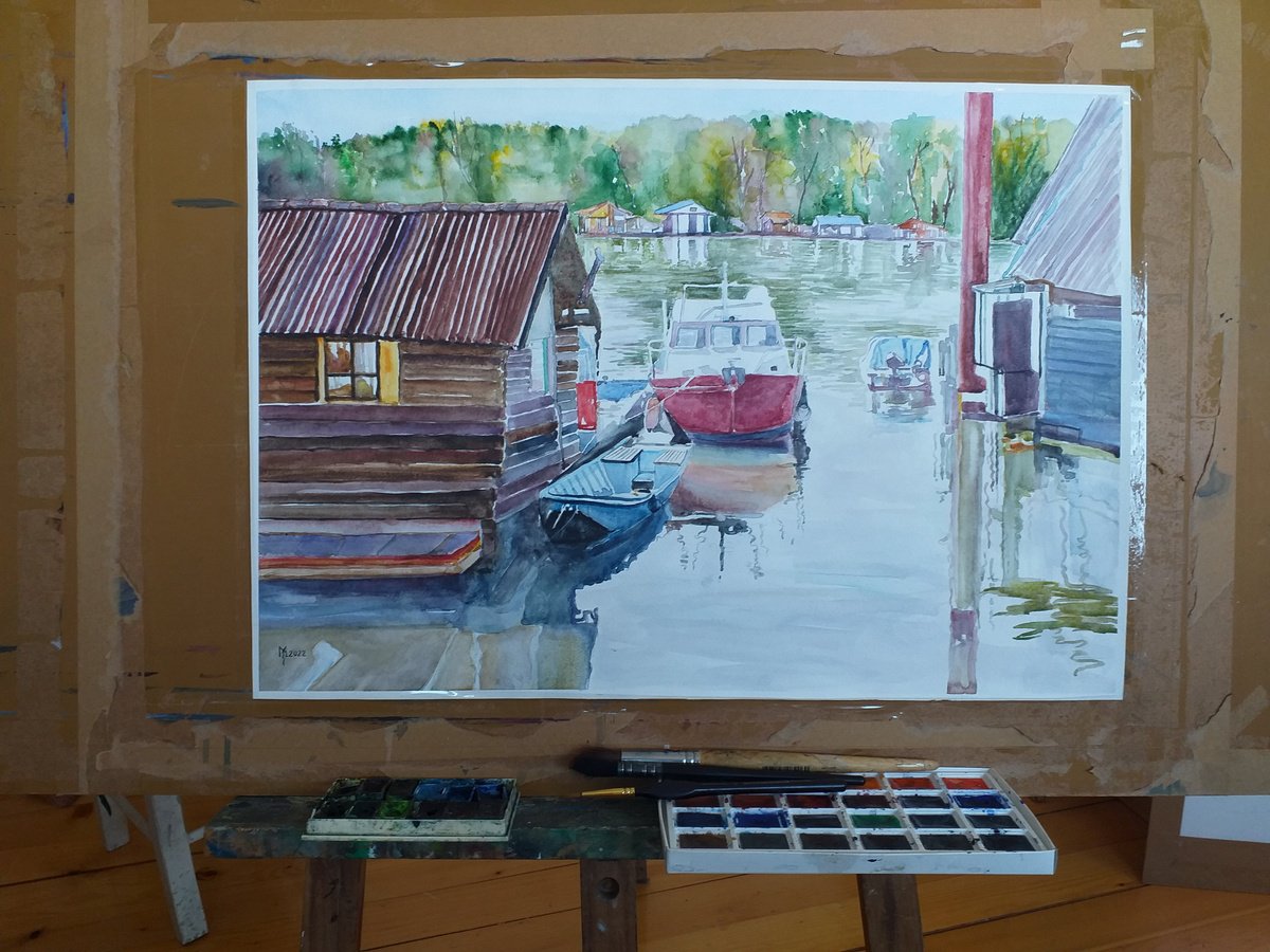 Impressionistic Watercolour , Boats On The River By Zoran Mihajlovic Muza, 23 X 16, Artwork For Sale On Artfinder
