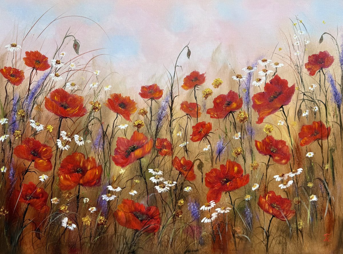 Impressionistic Landscape Oil Painting By Tanja Frost, 31 X 24", Romance And Red Flowers, Original Artwork