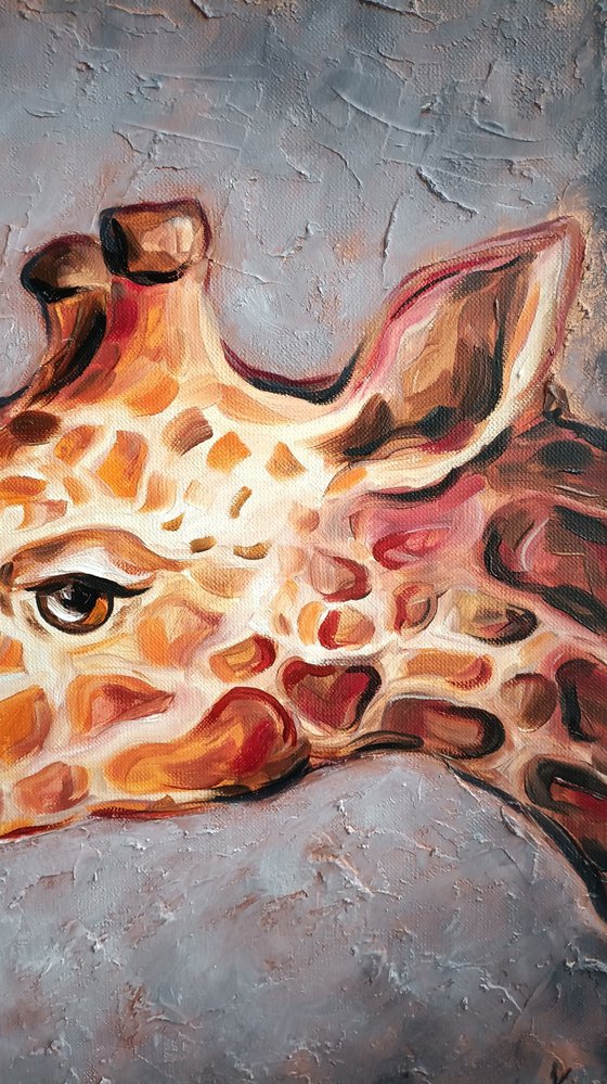 Touch - animal, giraffes, animal face, lovers, painting on canvas, love, gift, animals art, animals oil painting