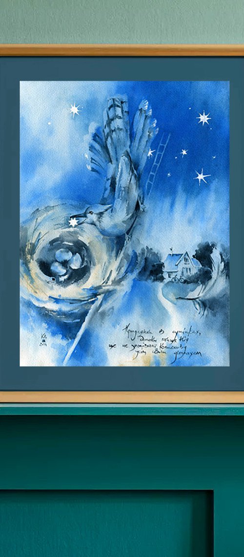 "Night" original watercolour fairy tale painting in blue tones by Ksenia Selianko