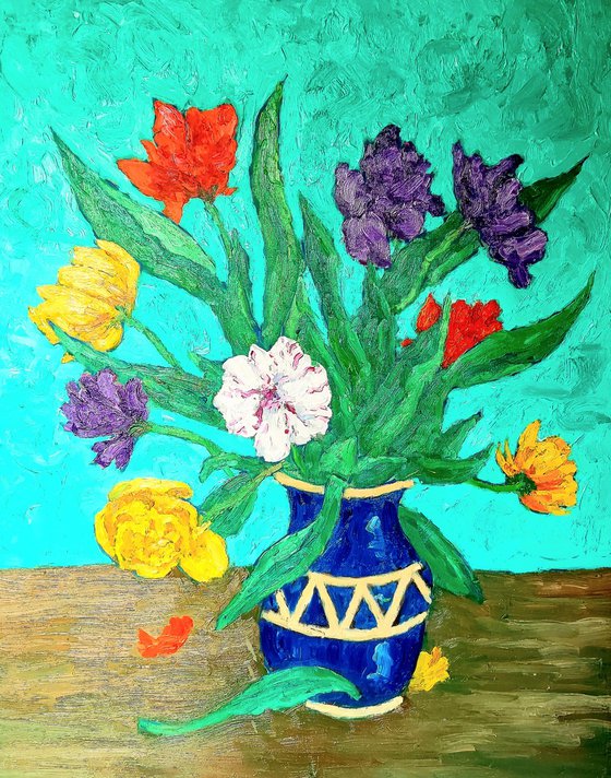 Vase of double tulips