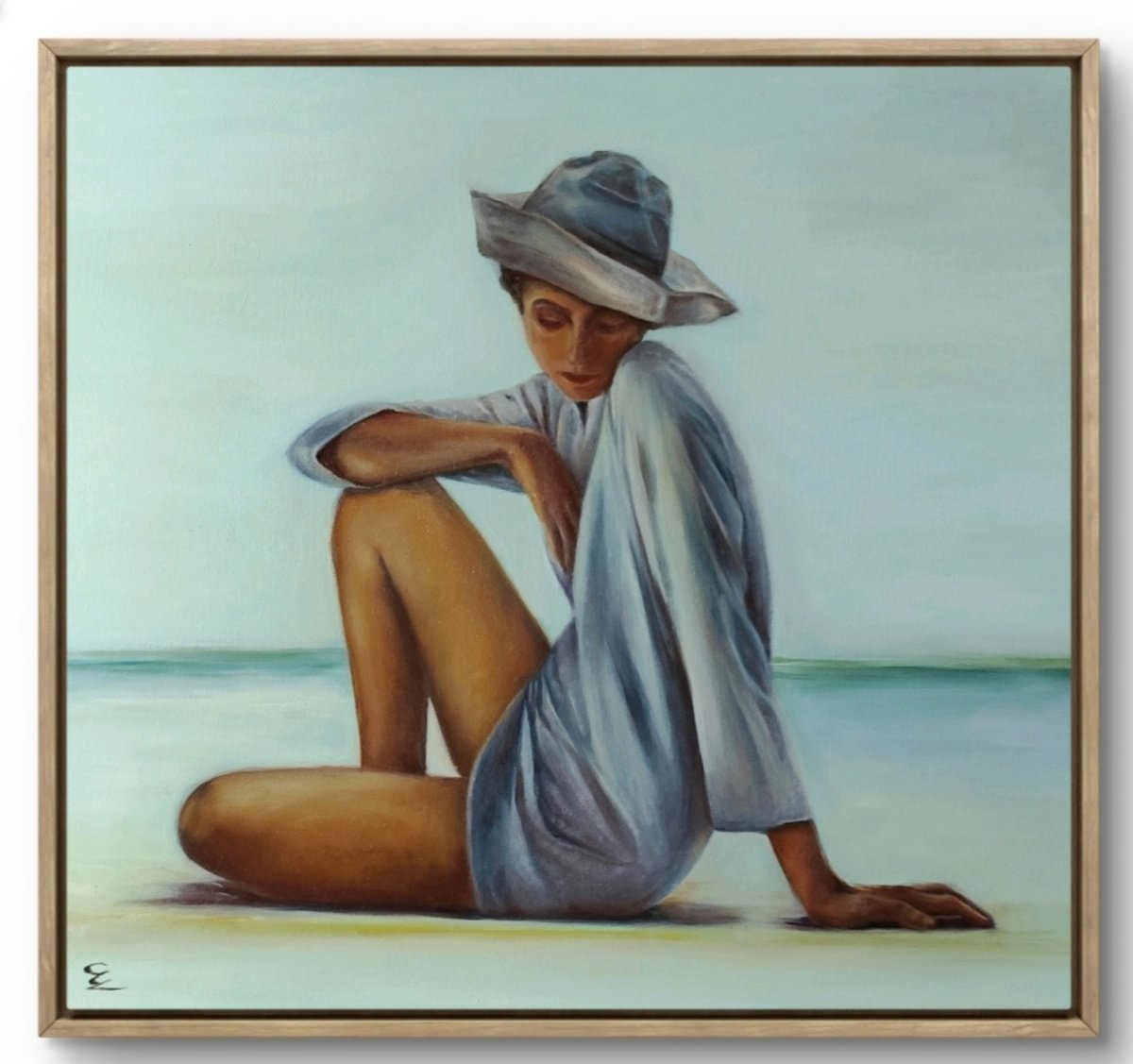 Photorealistic Portrait Oil Painting By Veronica Ciccarese, 16 X 16", Summer On A Solitary Beach, Original Artwork