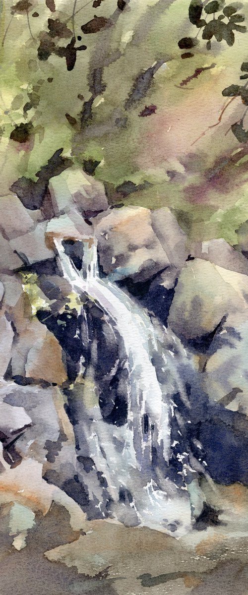 Caledonia waterfall, Watercolor nature of Cyprus by Yulia Evsyukova